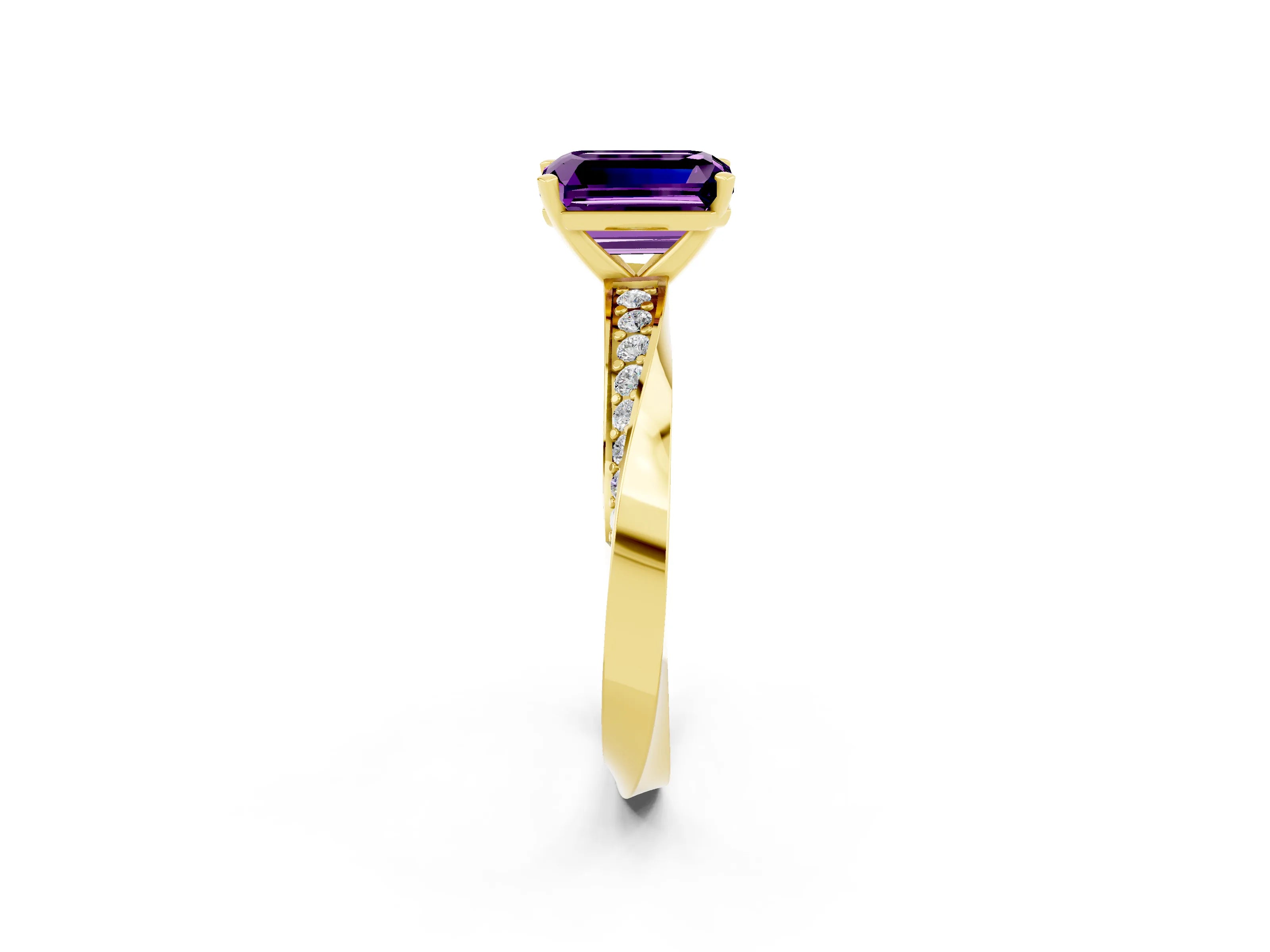 Yellow gold Emerald Cut Amethyst Engagement Ring with Side Stone Accents and Four-Prong Setting_29