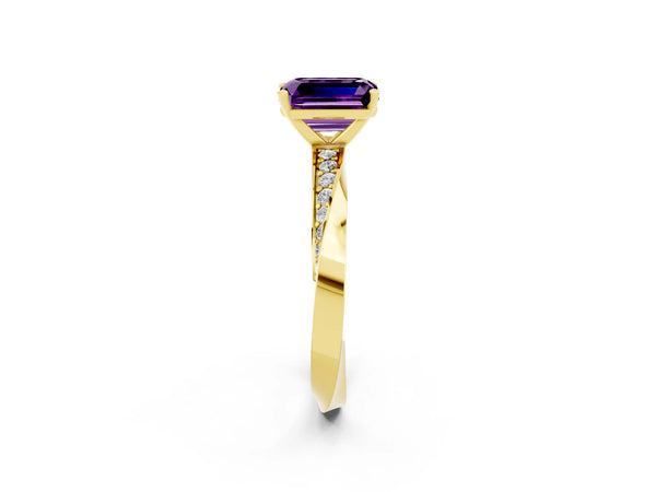 Yellow gold Emerald Cut Amethyst Engagement Ring with Side Stone Accents and Four-Prong Setting