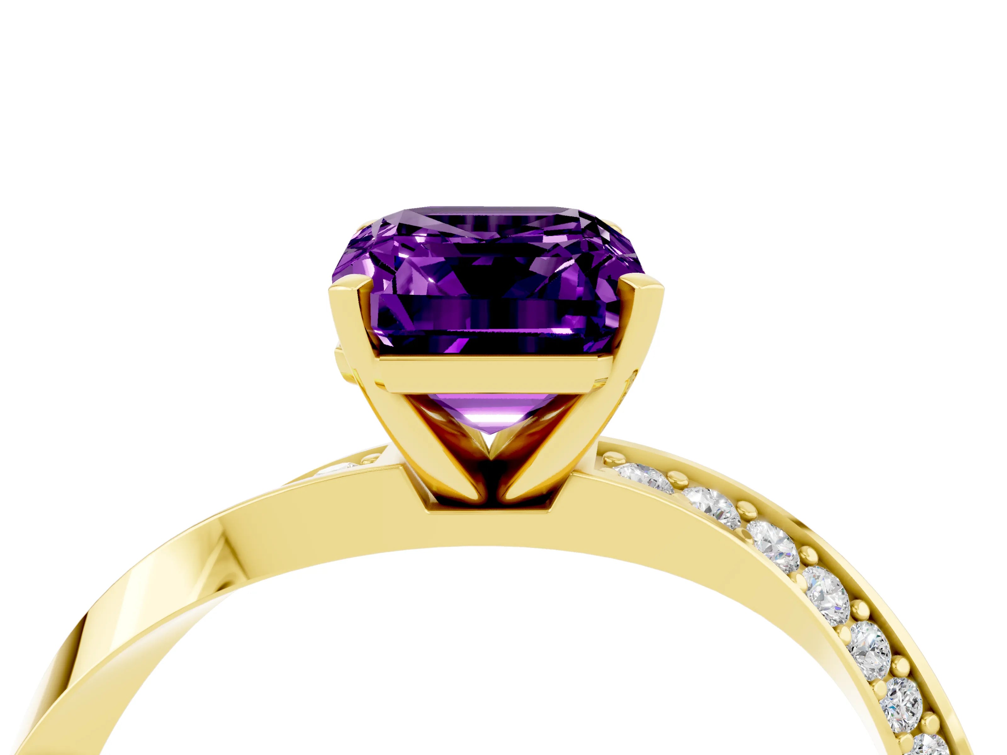 Yellow gold Emerald Cut Amethyst Engagement Ring with Side Stone Accents and Four-Prong Setting_31
