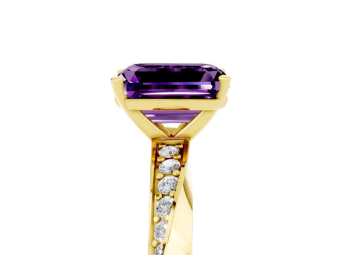 Yellow gold Emerald Cut Amethyst Engagement Ring with Side Stone Accents and Four-Prong Setting_32