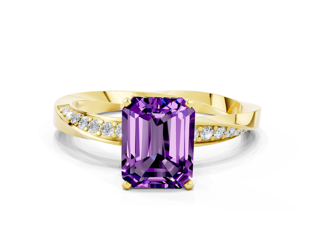 Yellow gold Emerald Cut Amethyst Engagement Ring with Side Stone Accents and Four-Prong Setting_60