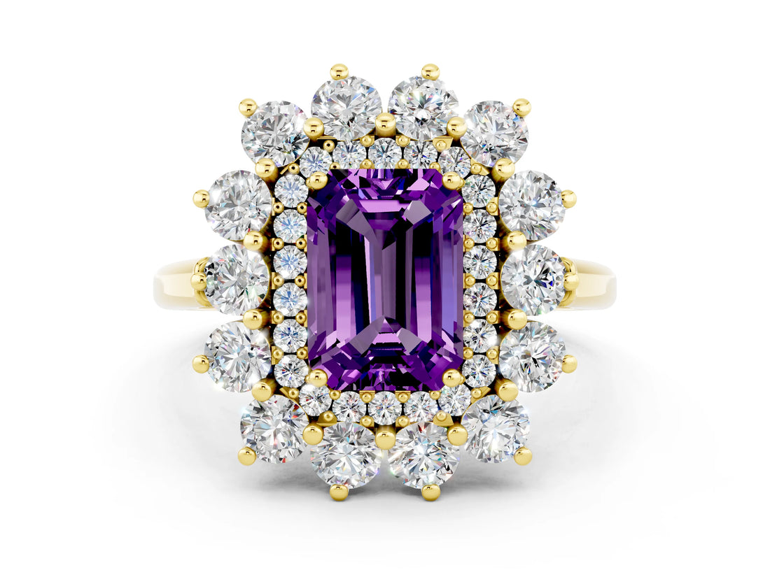 Yellow gold Emerald Cut Amethyst Floral Double Halo Engagement Ring with Prong Setting_60