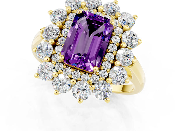 Yellow gold Emerald Cut Amethyst Floral Double Halo Engagement Ring with Prong Setting