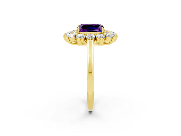 Yellow gold Emerald Cut Amethyst Floral Double Halo Engagement Ring with Prong Setting