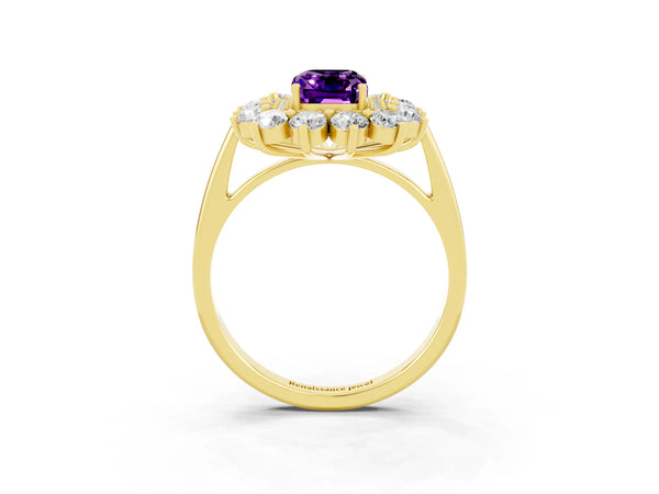 Yellow gold Emerald Cut Amethyst Floral Double Halo Engagement Ring with Prong Setting