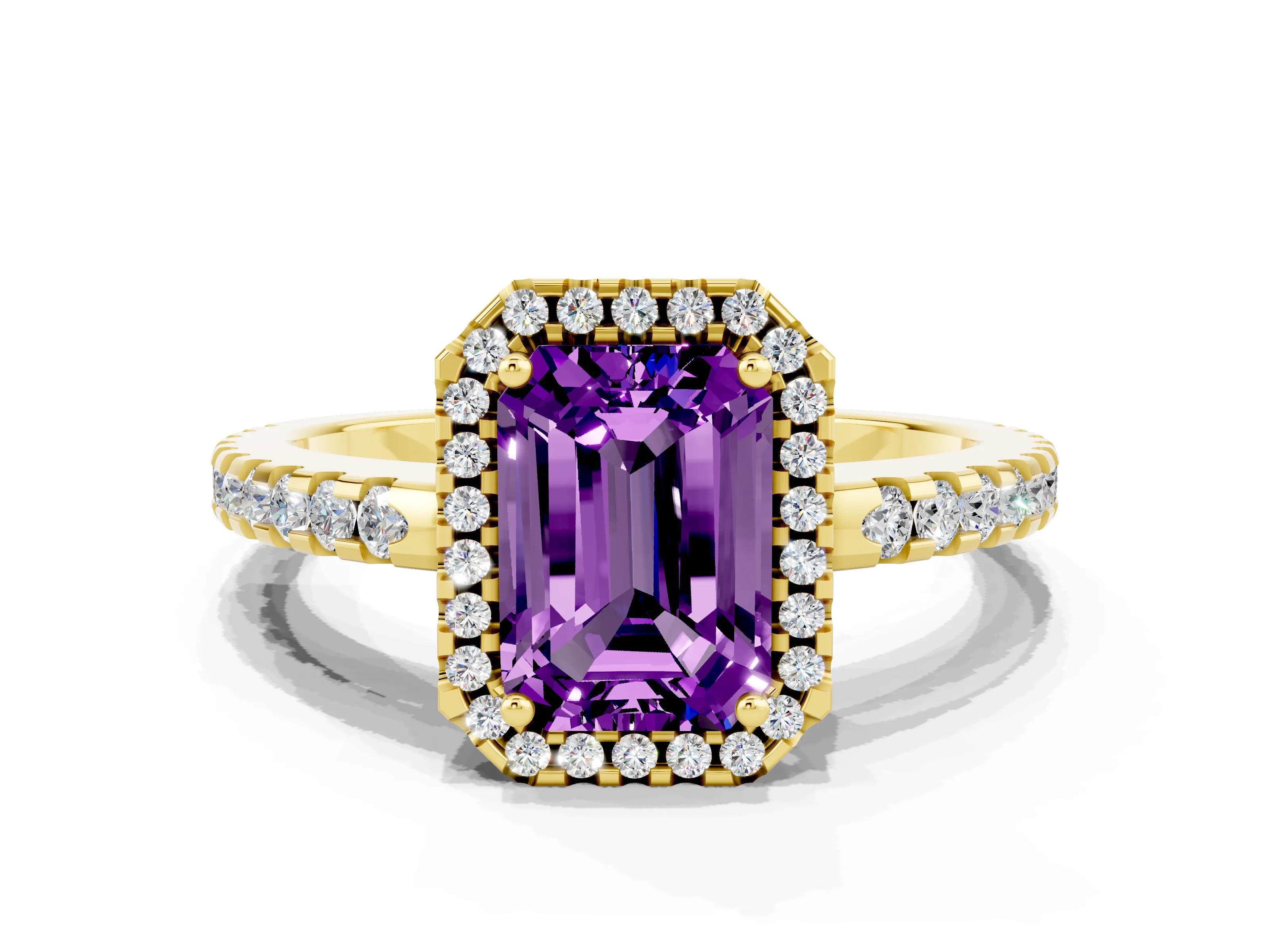 Yellow gold Emerald Cut Amethyst Halo Engagement Ring with Pavé Band and Prong Setting_12