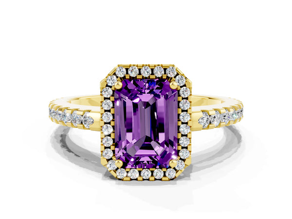 Yellow gold Emerald Cut Amethyst Halo Engagement Ring with Pavé Band and Prong Setting