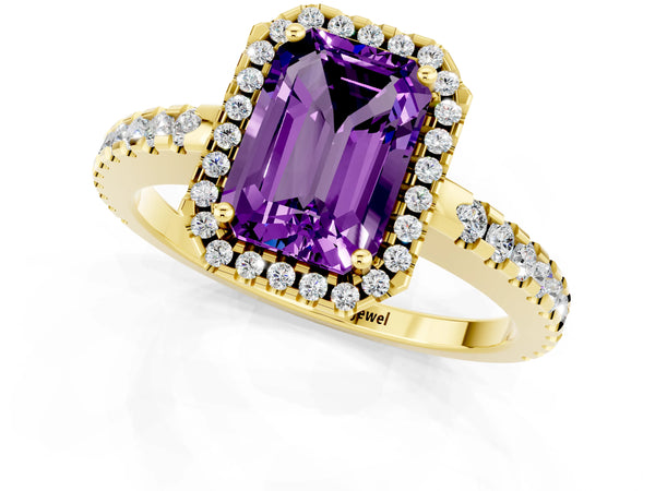 Yellow gold Emerald Cut Amethyst Halo Engagement Ring with Pavé Band and Prong Setting