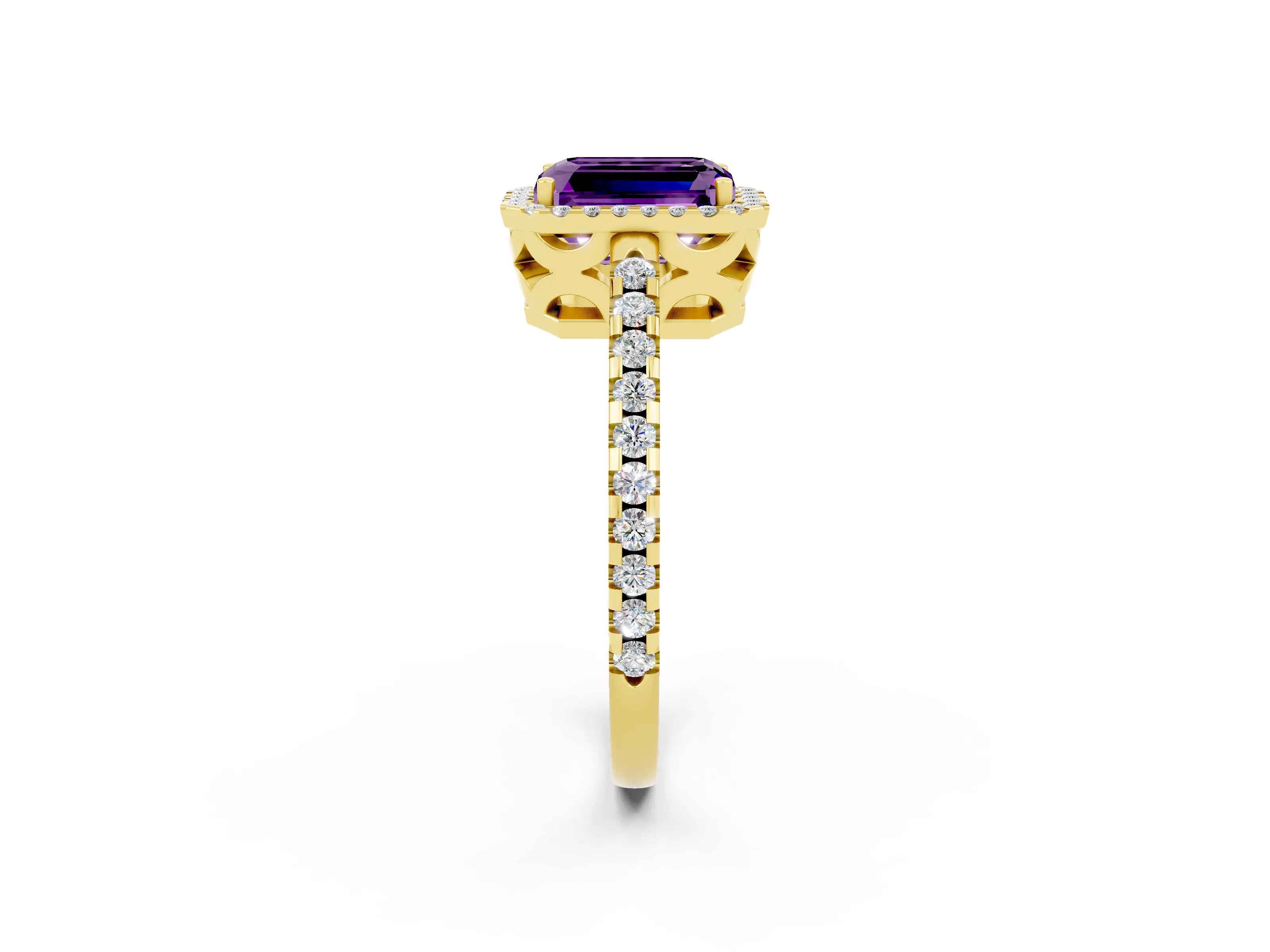Yellow gold Emerald Cut Amethyst Halo Engagement Ring with Pavé Band and Prong Setting_14