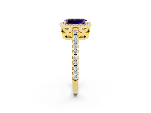 Yellow gold Emerald Cut Amethyst Halo Engagement Ring with Pavé Band and Prong Setting