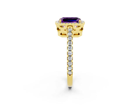 Yellow gold Emerald Cut Amethyst Halo Engagement Ring with Pavé Band and Prong Setting_14