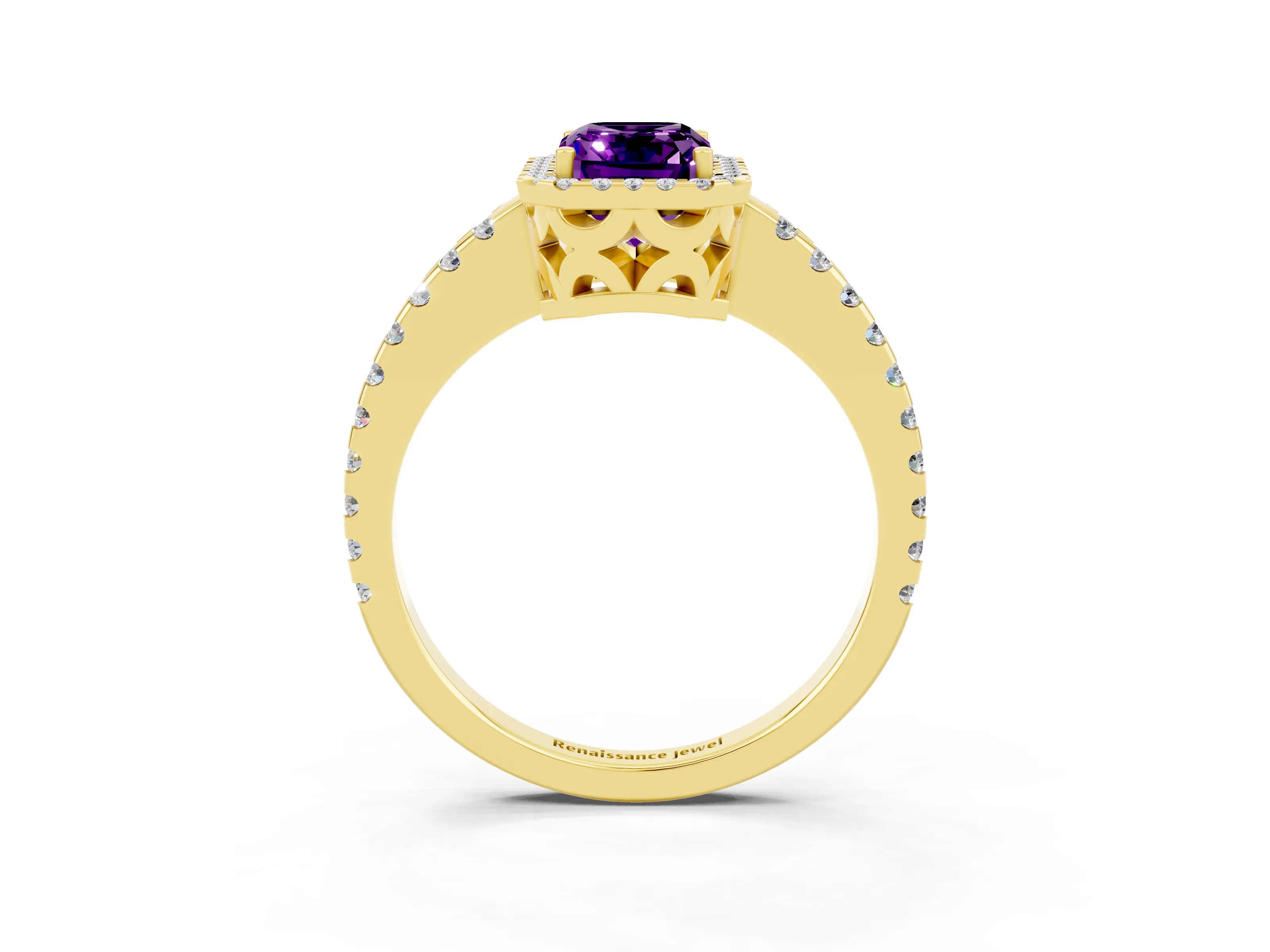 Yellow gold Emerald Cut Amethyst Halo Engagement Ring with Pavé Band and Prong Setting_15