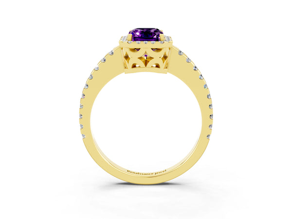 Yellow gold Emerald Cut Amethyst Halo Engagement Ring with Pavé Band and Prong Setting