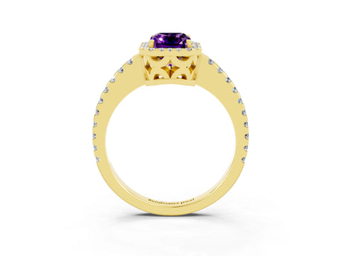 Yellow gold Emerald Cut Amethyst Halo Engagement Ring with Pavé Band and Prong Setting_15