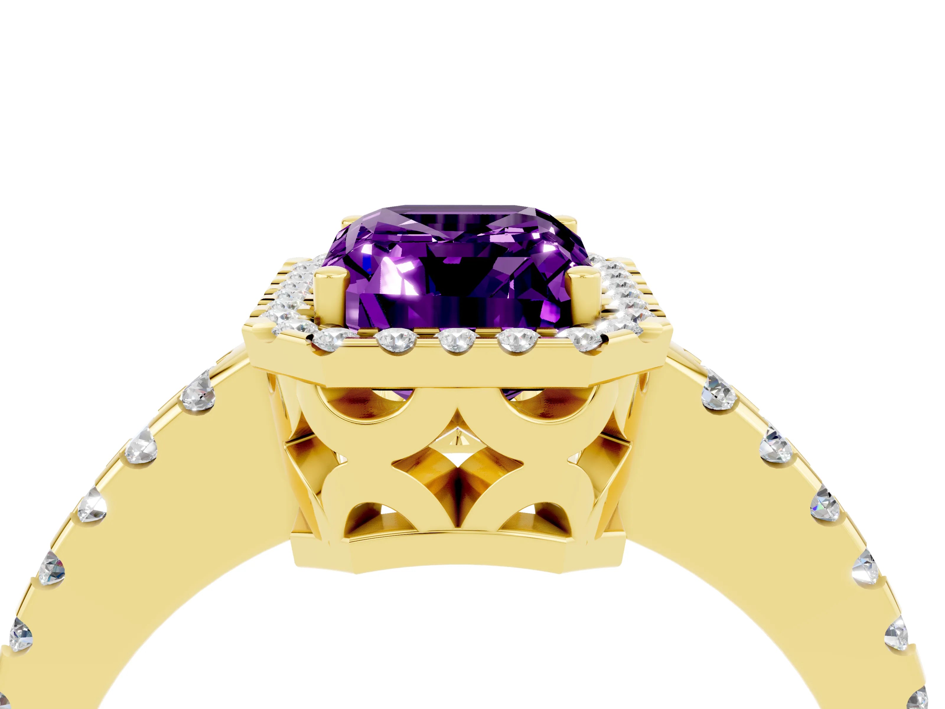Yellow gold Emerald Cut Amethyst Halo Engagement Ring with Pavé Band and Prong Setting_16