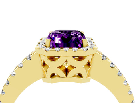 Yellow gold Emerald Cut Amethyst Halo Engagement Ring with Pavé Band and Prong Setting_16