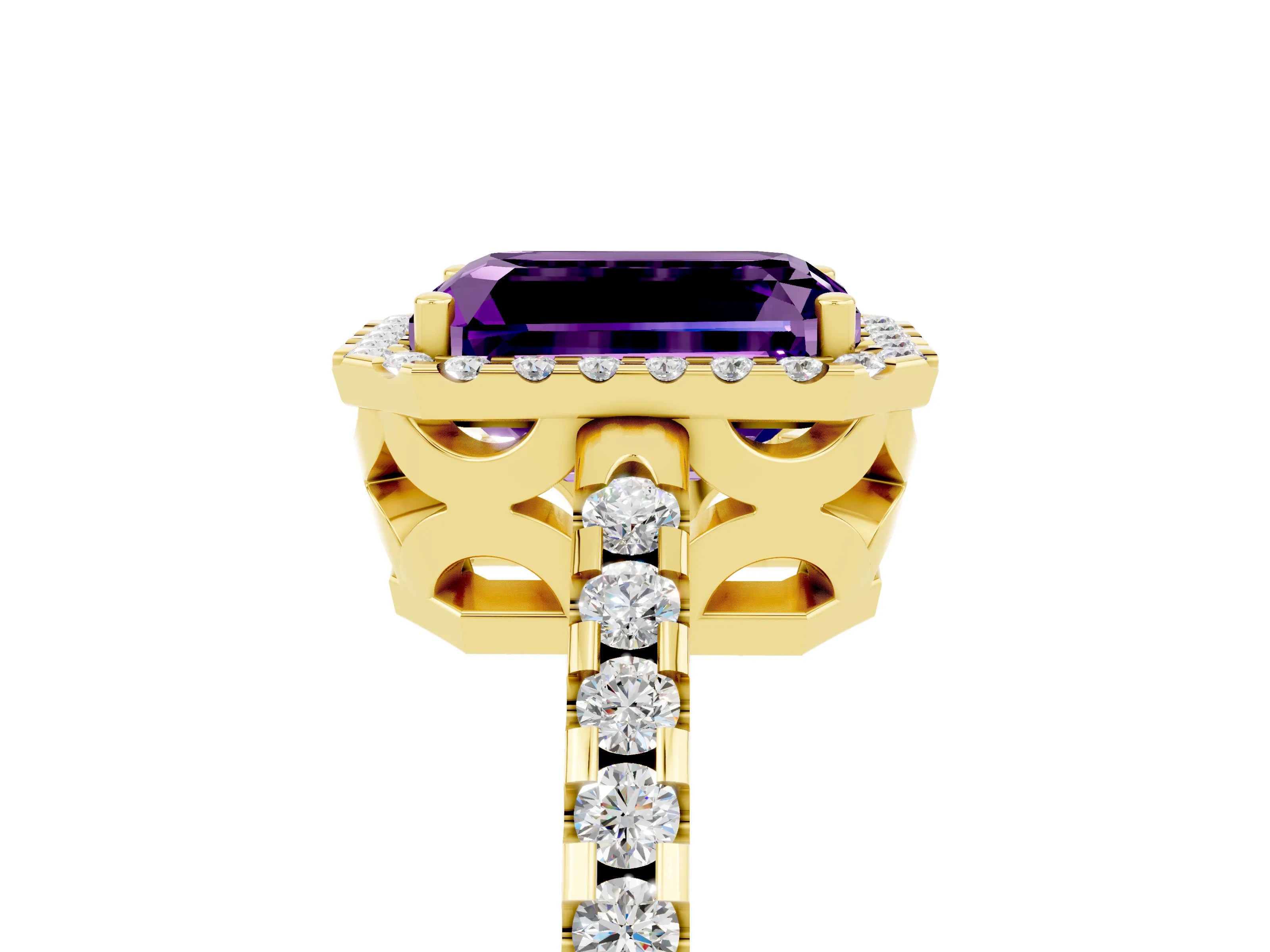 Yellow gold Emerald Cut Amethyst Halo Engagement Ring with Pavé Band and Prong Setting_17
