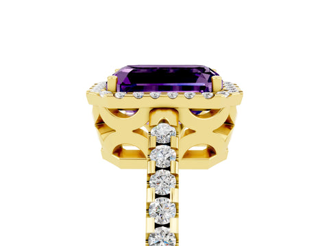 Yellow gold Emerald Cut Amethyst Halo Engagement Ring with Pavé Band and Prong Setting_17