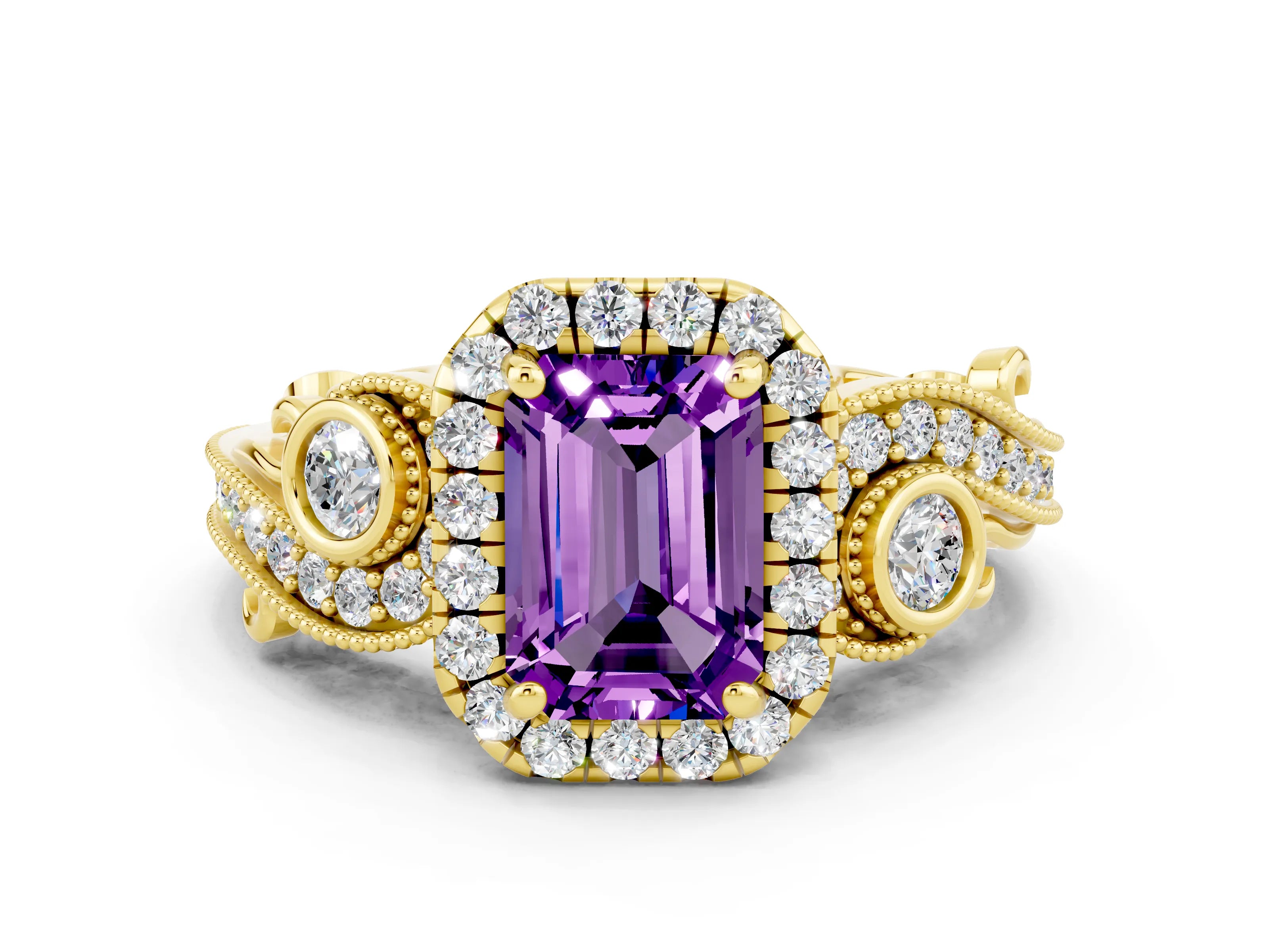 Yellow gold Emerald Cut Amethyst Halo Ring with Milgrain Pavé Band and Four-Prong Setting_12