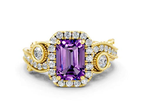 Yellow gold Emerald Cut Amethyst Halo Ring with Milgrain Pavé Band and Four-Prong Setting_12