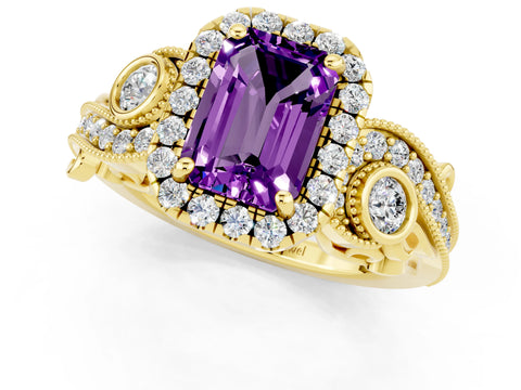 Yellow gold Emerald Cut Amethyst Halo Ring with Milgrain Pavé Band and Four-Prong Setting_13