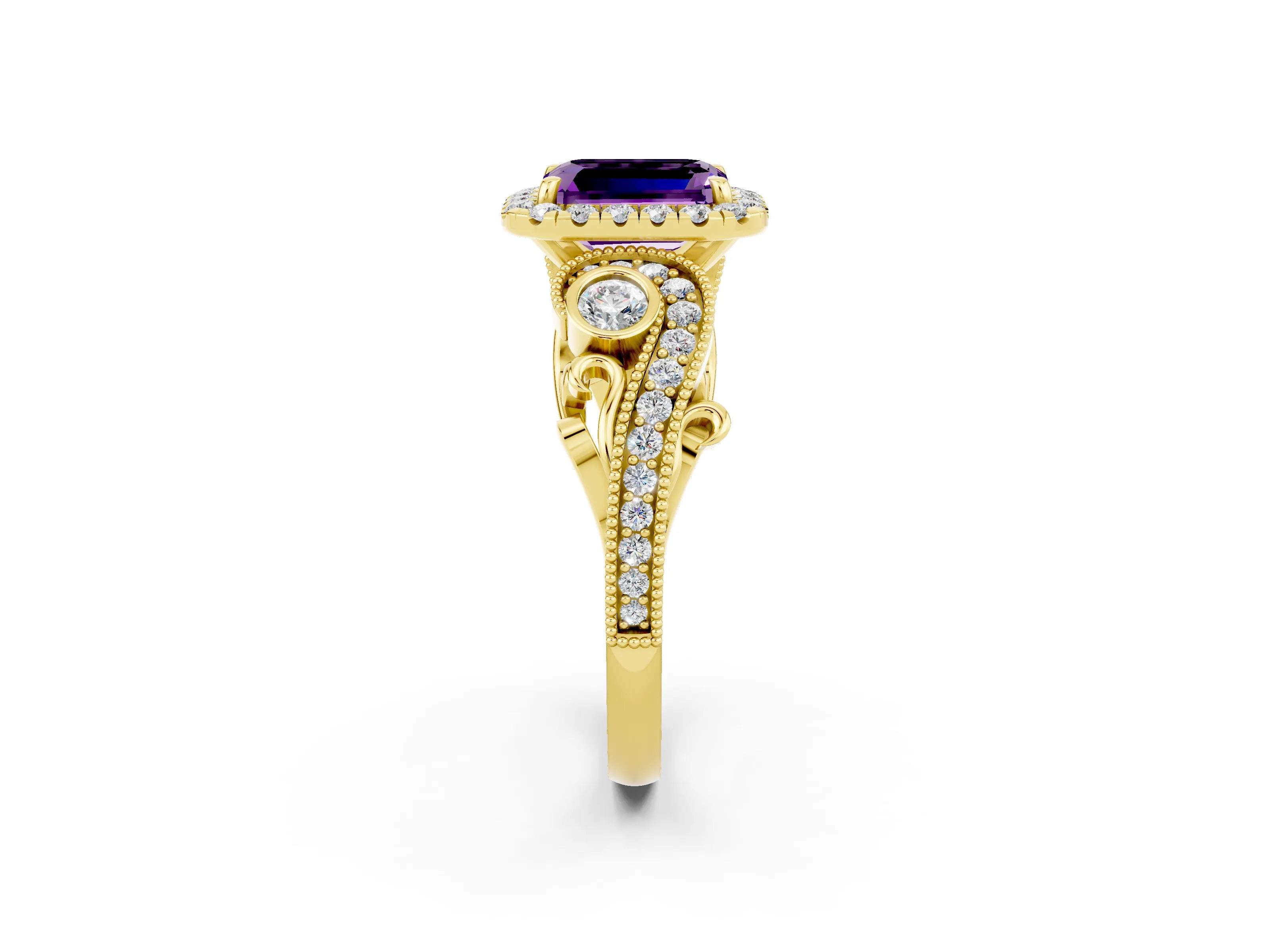 Yellow gold Emerald Cut Amethyst Halo Ring with Milgrain Pavé Band and Four-Prong Setting_14