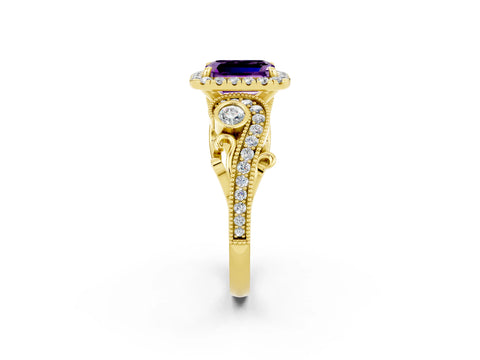 Yellow gold Emerald Cut Amethyst Halo Ring with Milgrain Pavé Band and Four-Prong Setting_14