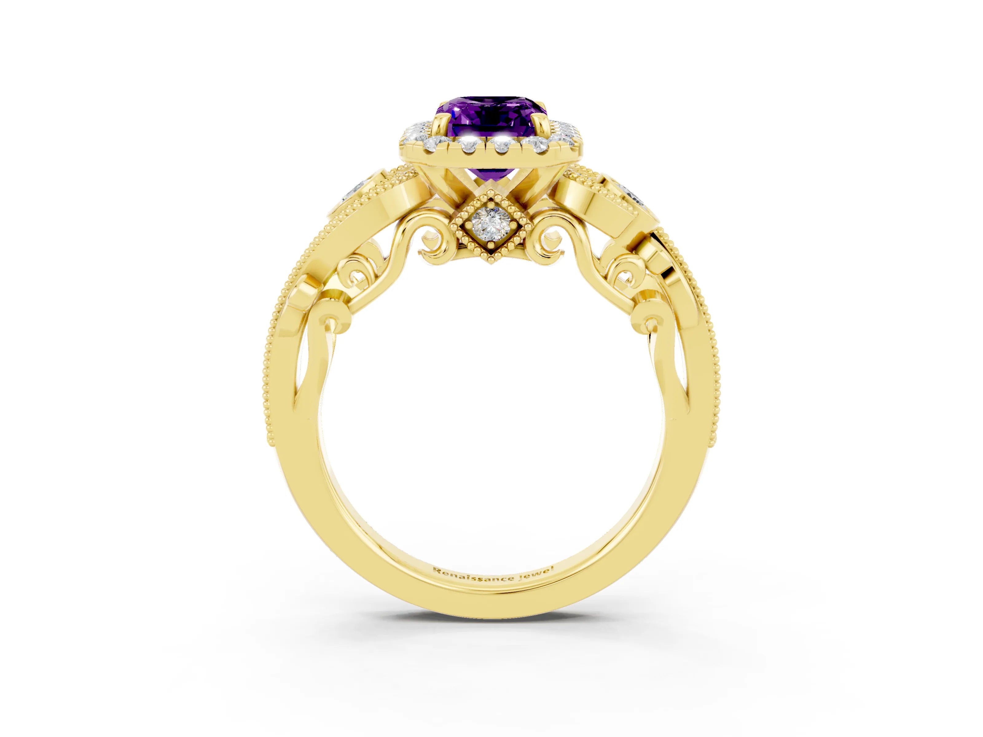 Yellow gold Emerald Cut Amethyst Halo Ring with Milgrain Pavé Band and Four-Prong Setting_15