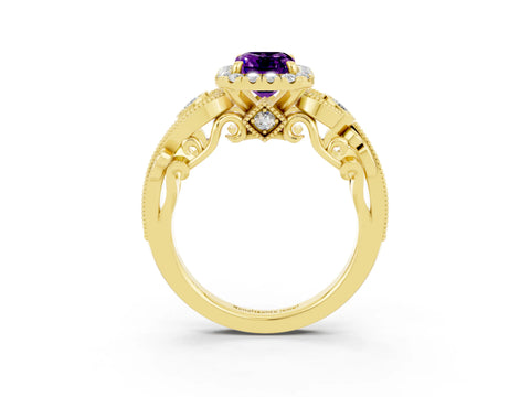 Yellow gold Emerald Cut Amethyst Halo Ring with Milgrain Pavé Band and Four-Prong Setting_15