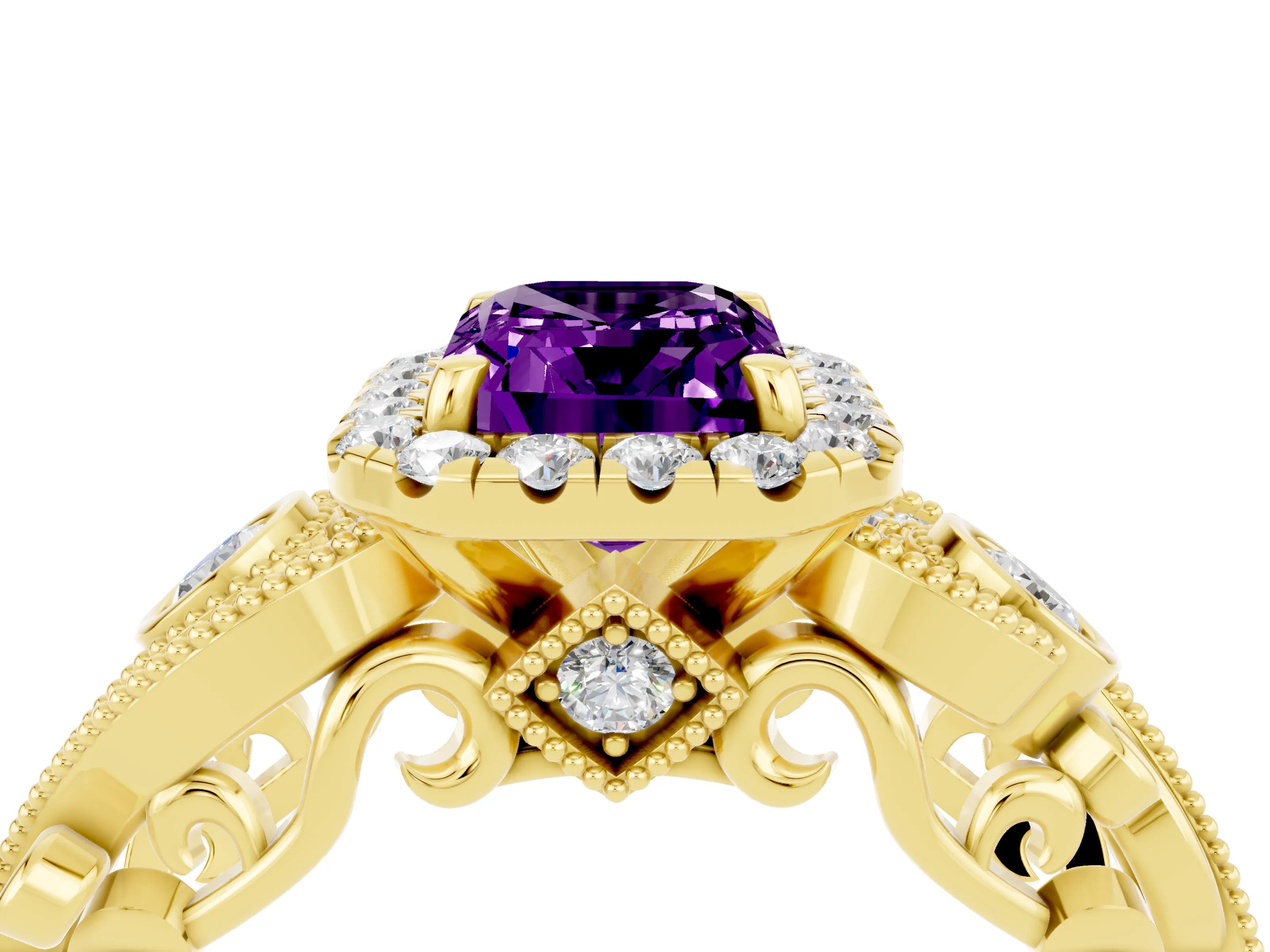 Yellow gold Emerald Cut Amethyst Halo Ring with Milgrain Pavé Band and Four-Prong Setting_16