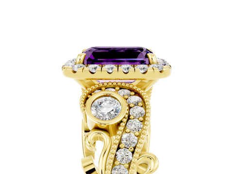 Yellow gold Emerald Cut Amethyst Halo Ring with Milgrain Pavé Band and Four-Prong Setting_17