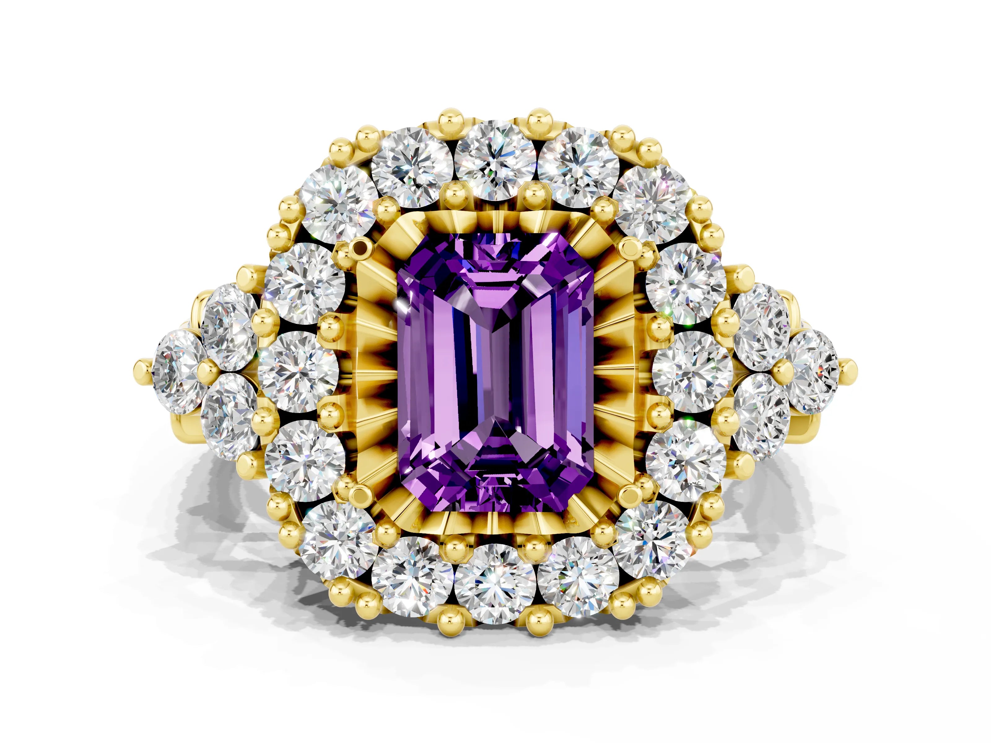 Yellow gold Emerald Cut Amethyst Halo Ring with Pavé Band and Four-Prong Setting_12