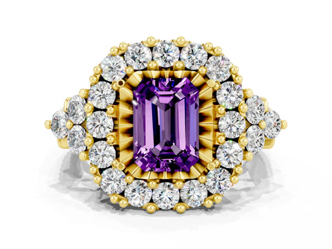 Yellow gold Emerald Cut Amethyst Halo Ring with Pavé Band and Four-Prong Setting_12
