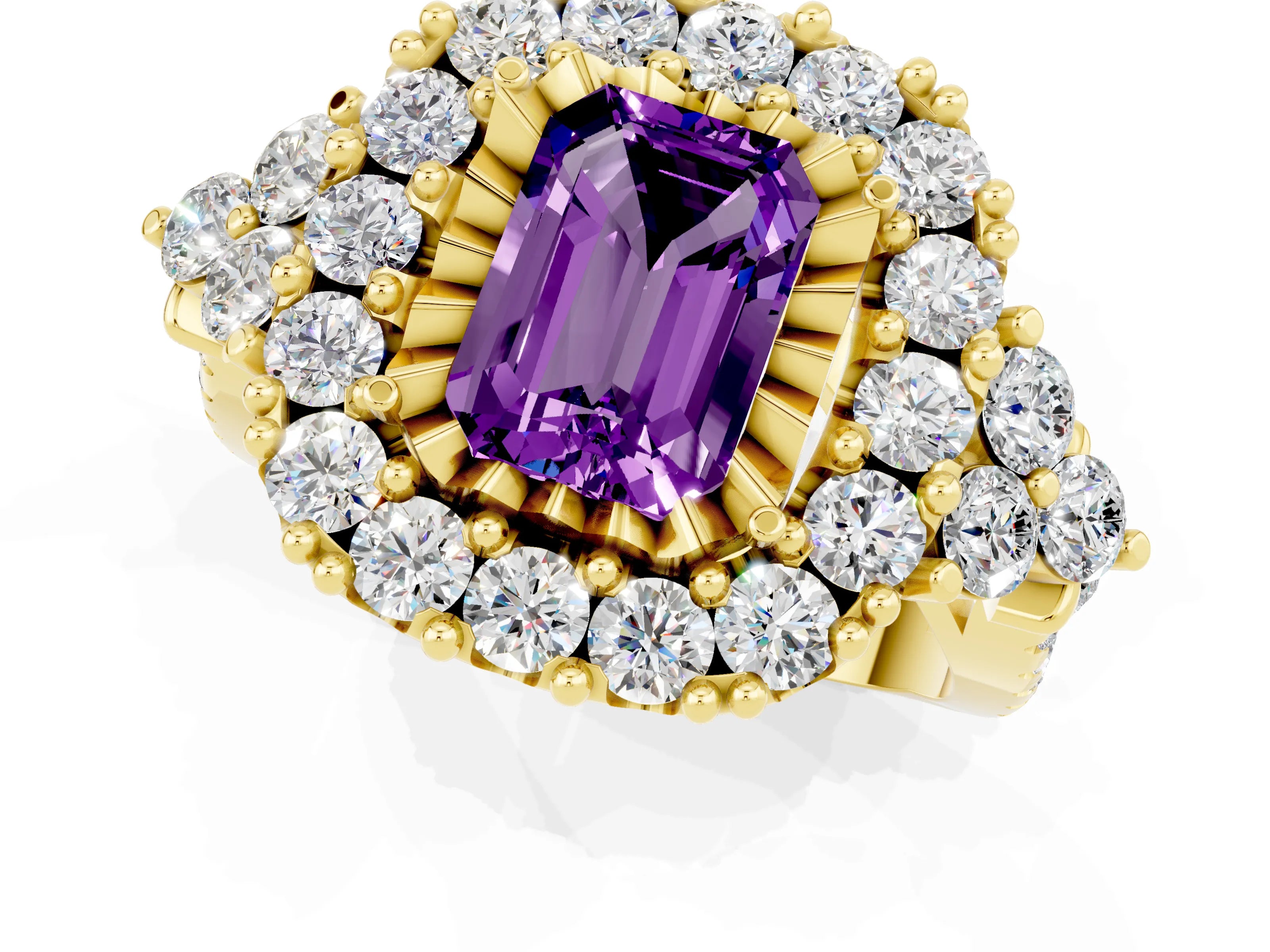 Yellow gold Emerald Cut Amethyst Halo Ring with Pavé Band and Four-Prong Setting_13