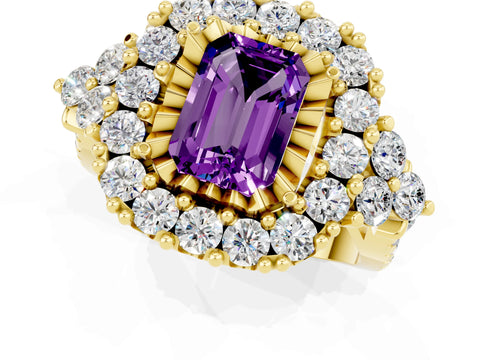 Yellow gold Emerald Cut Amethyst Halo Ring with Pavé Band and Four-Prong Setting_13