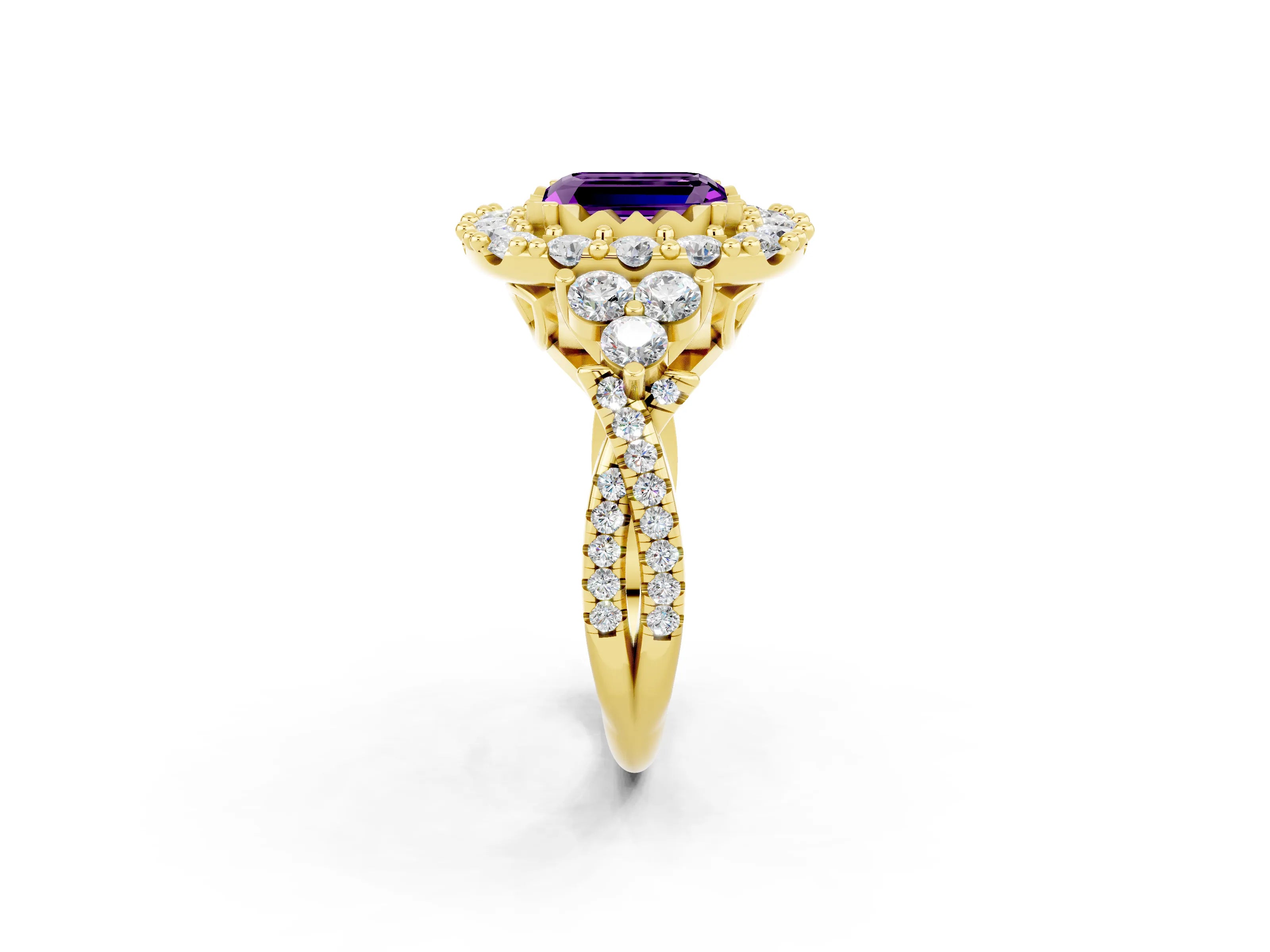 Yellow gold Emerald Cut Amethyst Halo Ring with Pavé Band and Four-Prong Setting_14