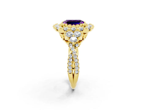 Yellow gold Emerald Cut Amethyst Halo Ring with Pavé Band and Four-Prong Setting_14