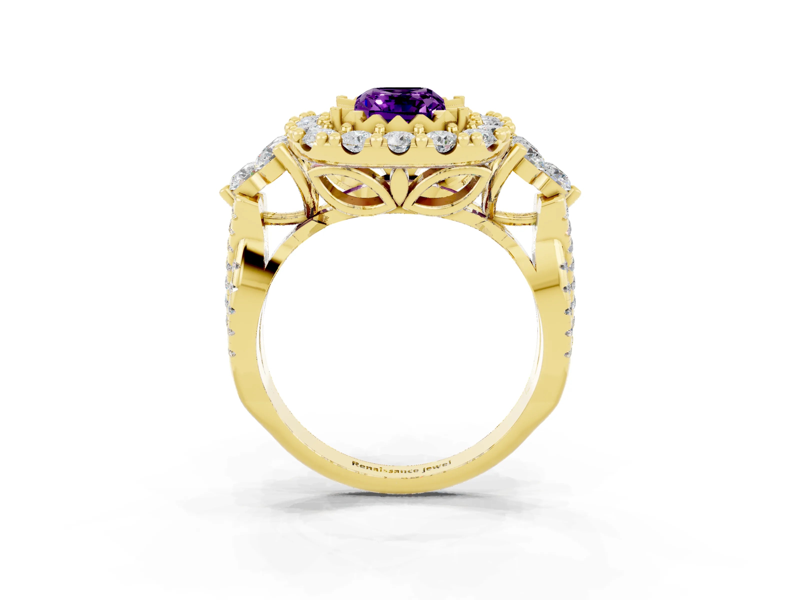 Yellow gold Emerald Cut Amethyst Halo Ring with Pavé Band and Four-Prong Setting_15