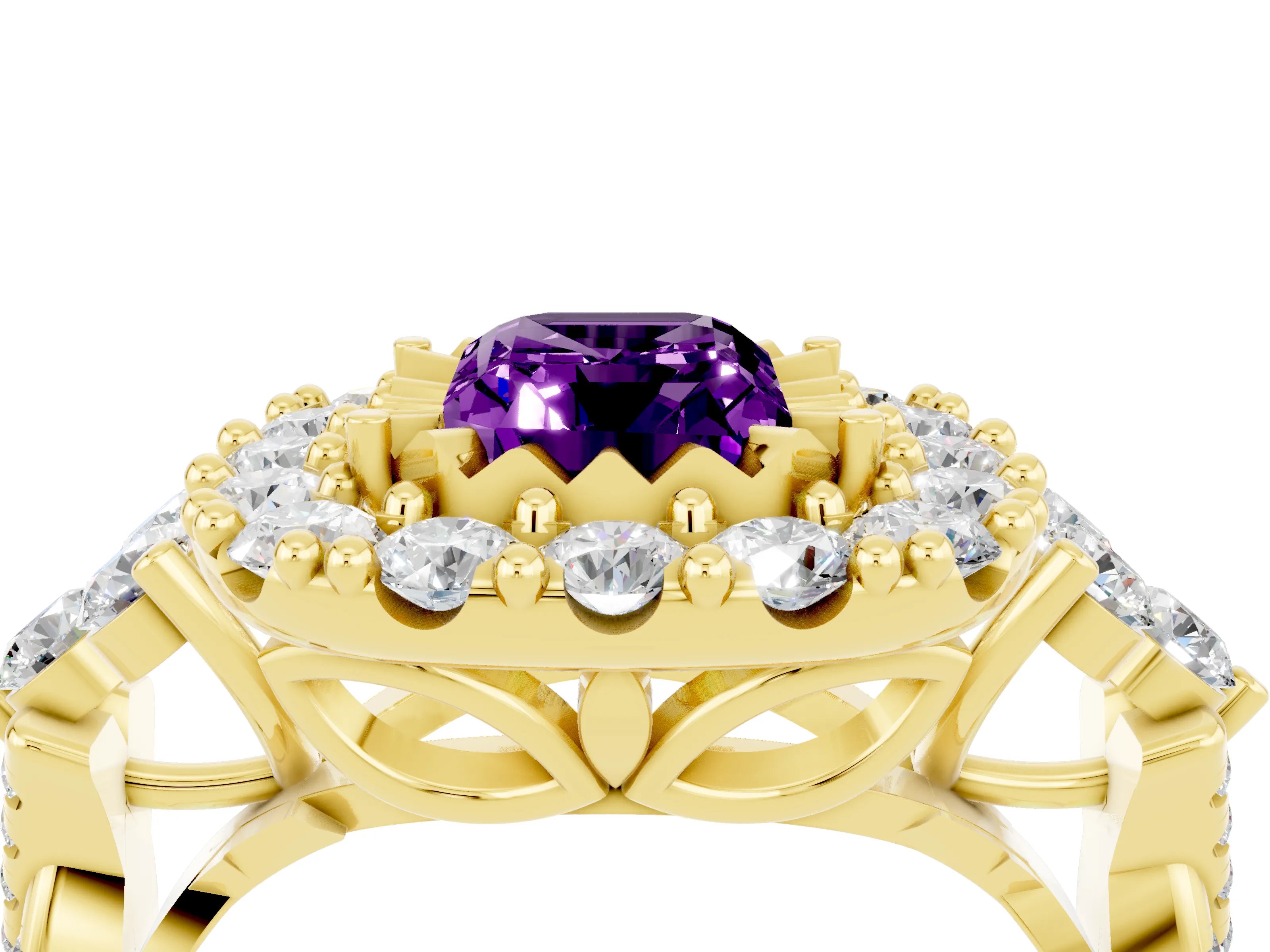Yellow gold Emerald Cut Amethyst Halo Ring with Pavé Band and Four-Prong Setting_16
