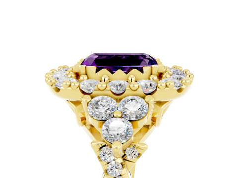 Yellow gold Emerald Cut Amethyst Halo Ring with Pavé Band and Four-Prong Setting_17