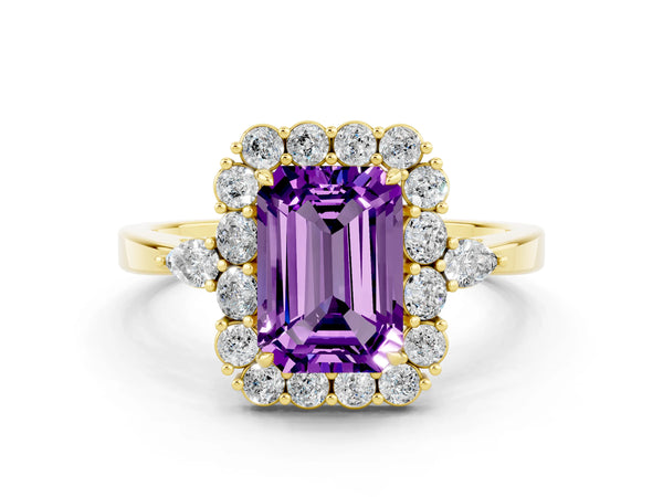 Yellow gold Emerald Cut Amethyst Halo Ring with Pear Side Stones and Prong Setting