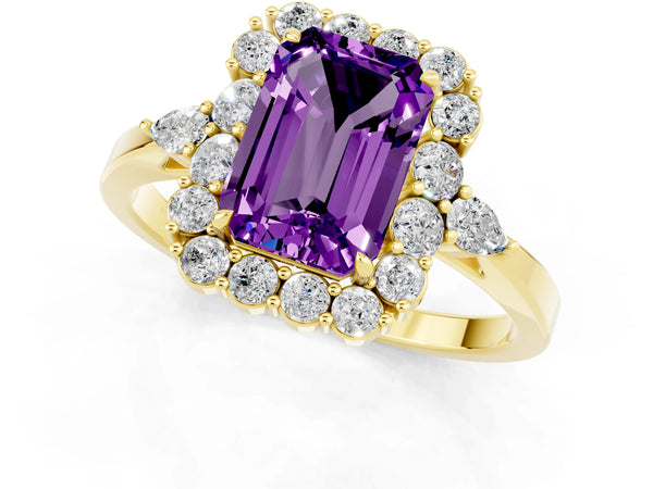 Yellow gold Emerald Cut Amethyst Halo Ring with Pear Side Stones and Prong Setting