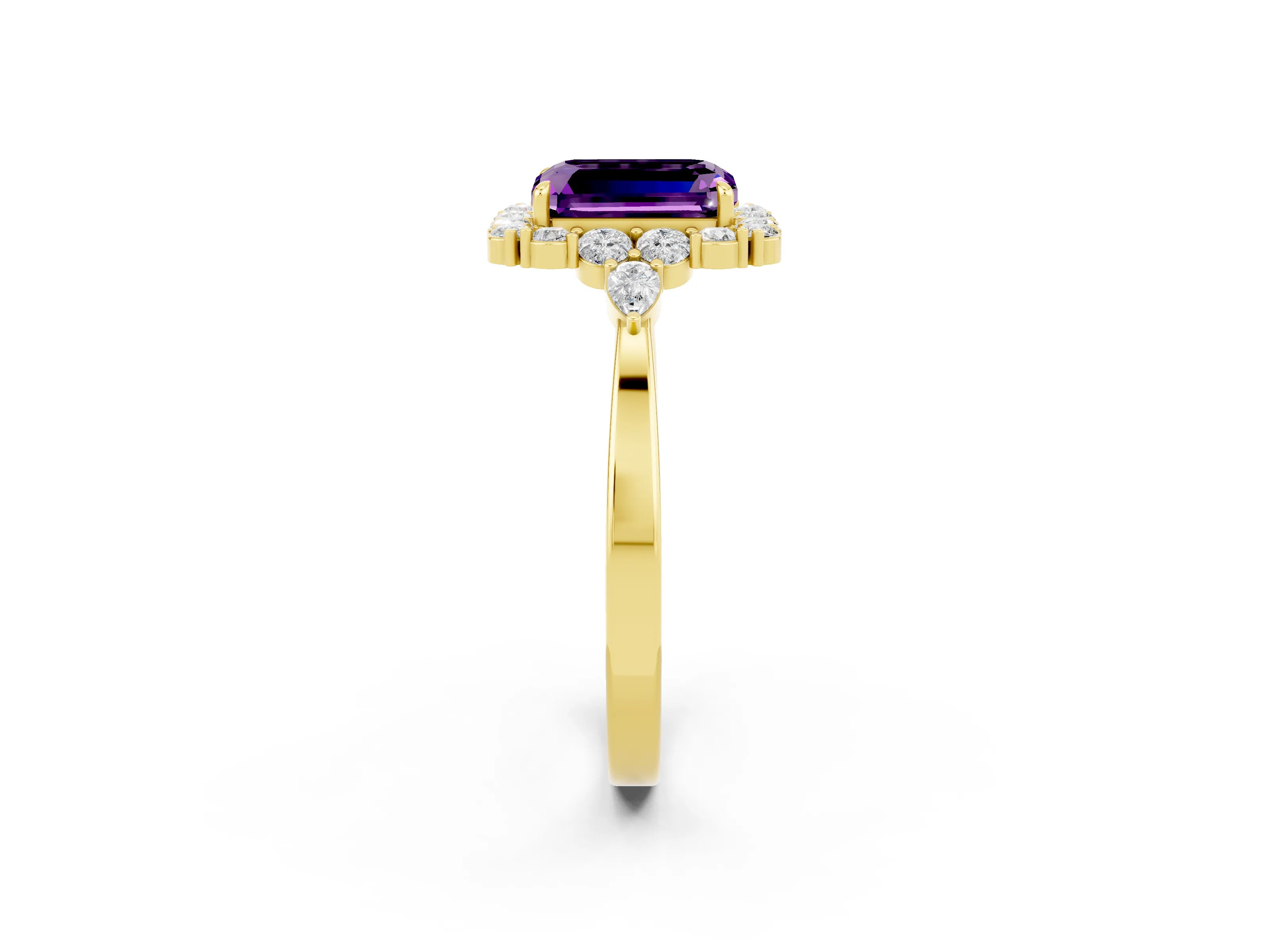 Yellow gold Emerald Cut Amethyst Halo Ring with Pear Side Stones and Prong Setting_14