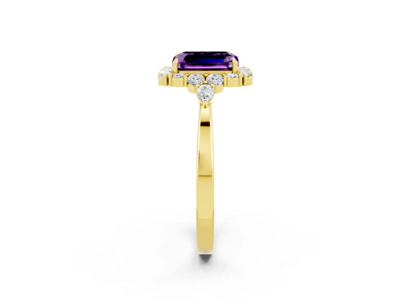 Yellow gold Emerald Cut Amethyst Halo Ring with Pear Side Stones and Prong Setting