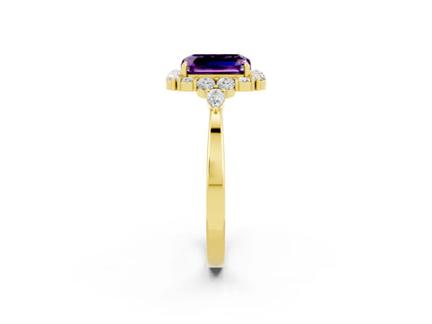Yellow gold Emerald Cut Amethyst Halo Ring with Pear Side Stones and Prong Setting_14