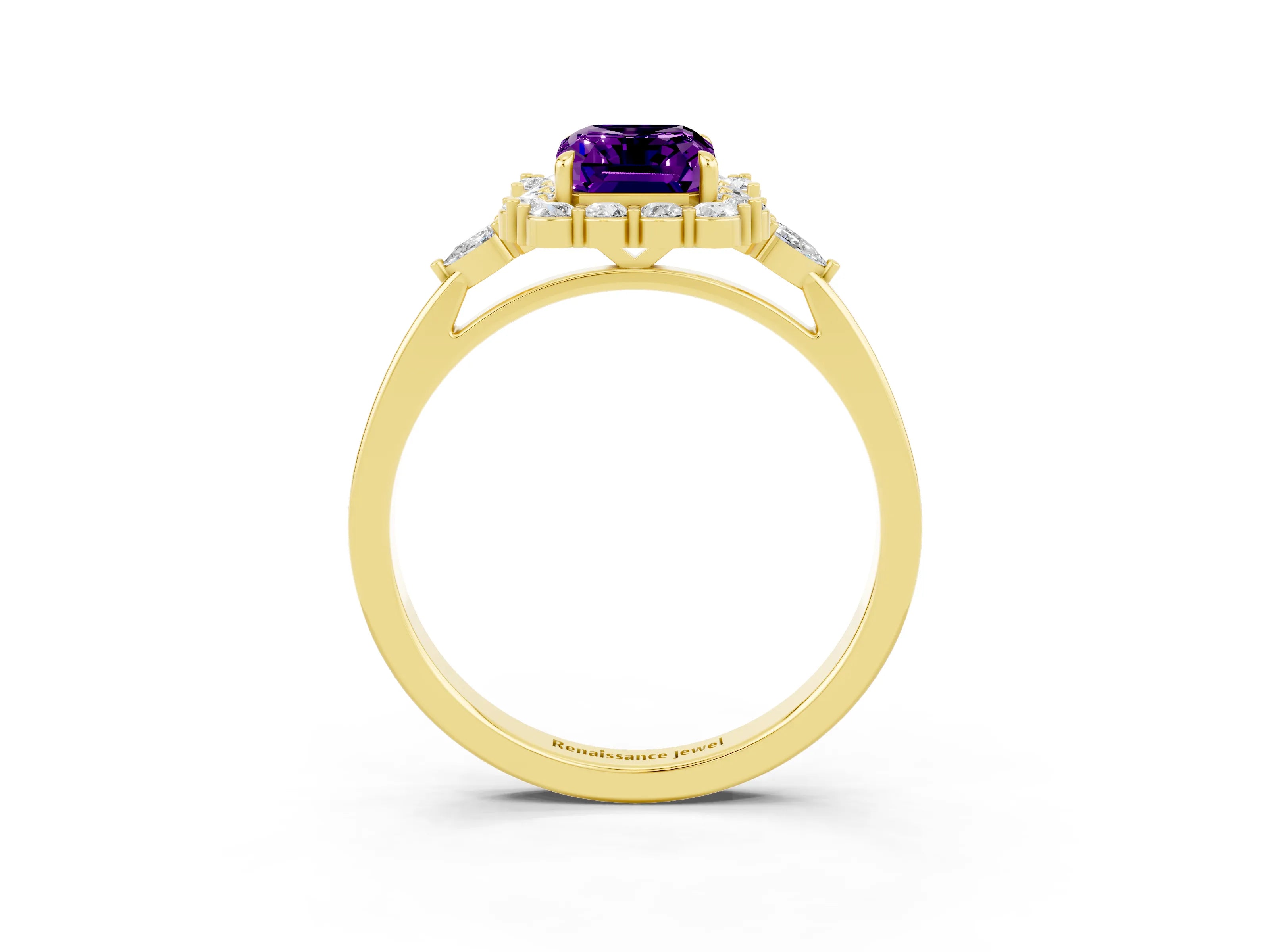 Yellow gold Emerald Cut Amethyst Halo Ring with Pear Side Stones and Prong Setting_15