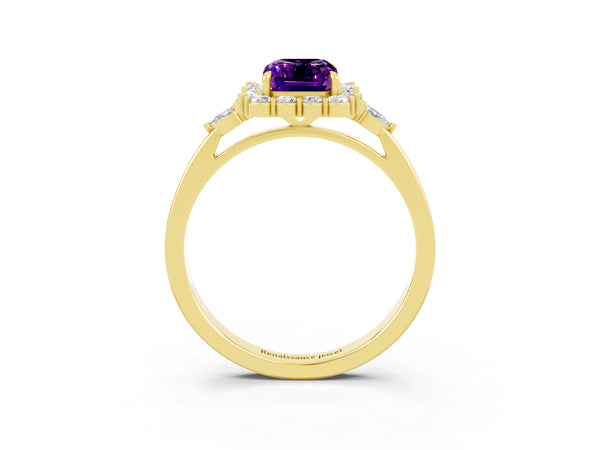 Yellow gold Emerald Cut Amethyst Halo Ring with Pear Side Stones and Prong Setting