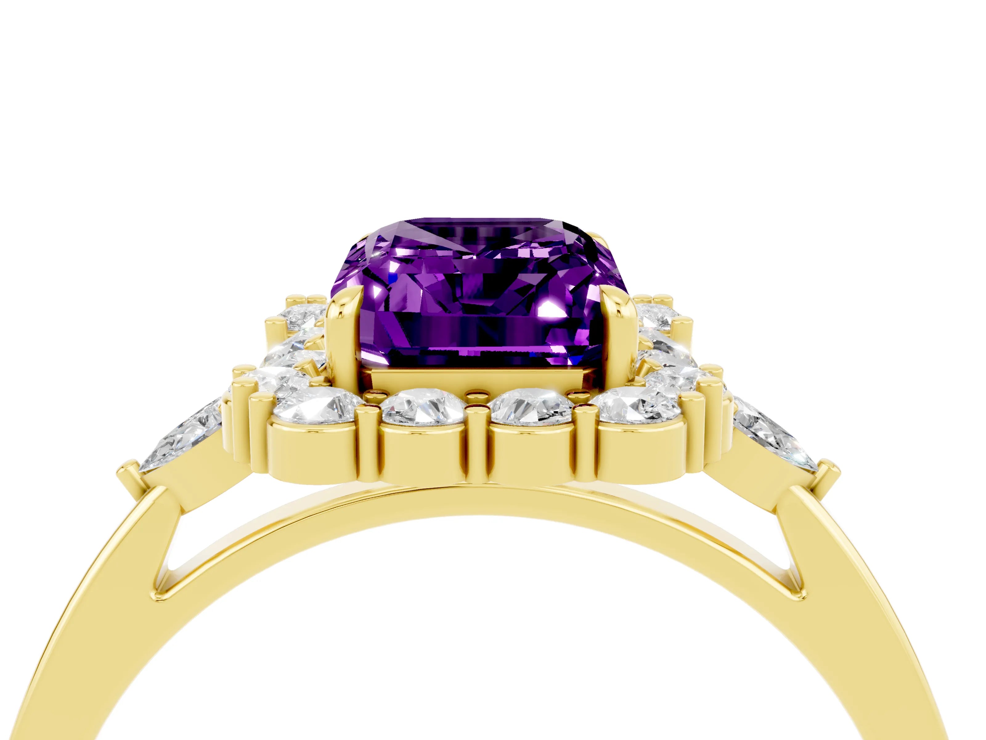 Yellow gold Emerald Cut Amethyst Halo Ring with Pear Side Stones and Prong Setting_16