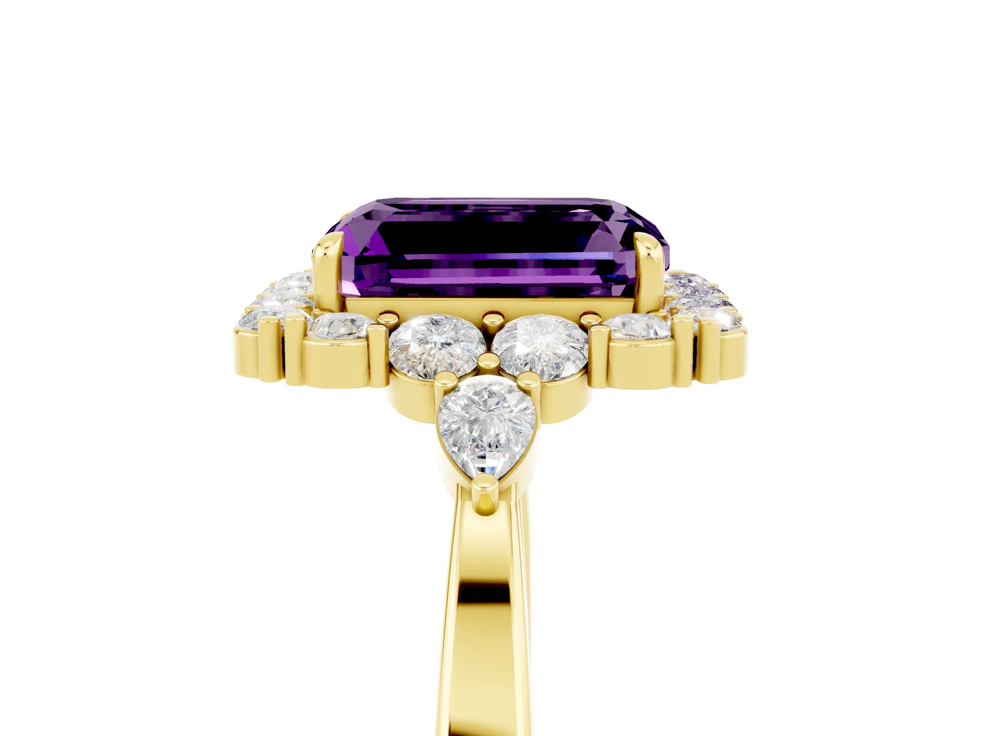 Yellow gold Emerald Cut Amethyst Halo Ring with Pear Side Stones and Prong Setting_17