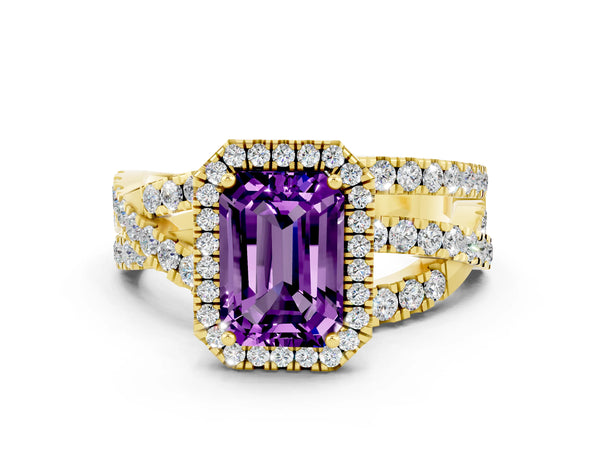 Yellow gold Emerald Cut Amethyst Halo Ring with Round Split Shank and Prong Setting
